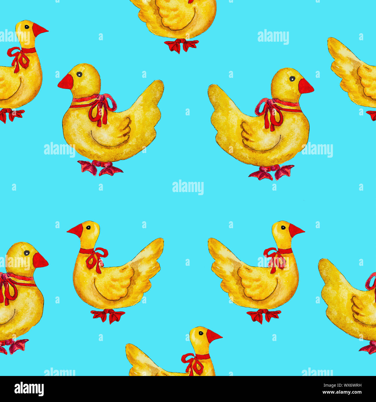 Aquarell Zeichnungen Ostern Enten mit roten Bändern. Stockfoto