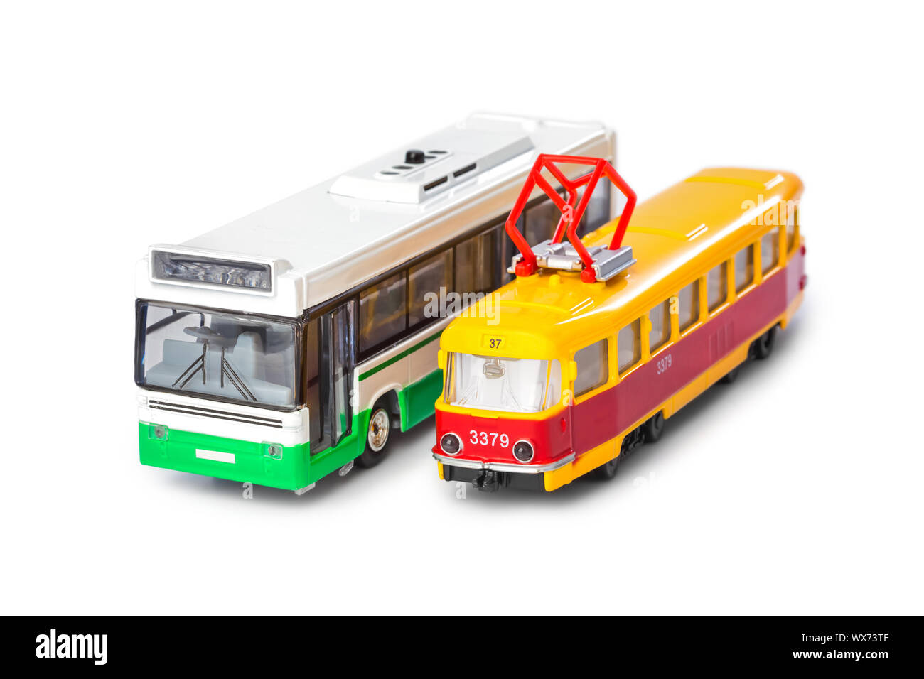 Spielzeug Bus und Straßenbahn Stockfoto