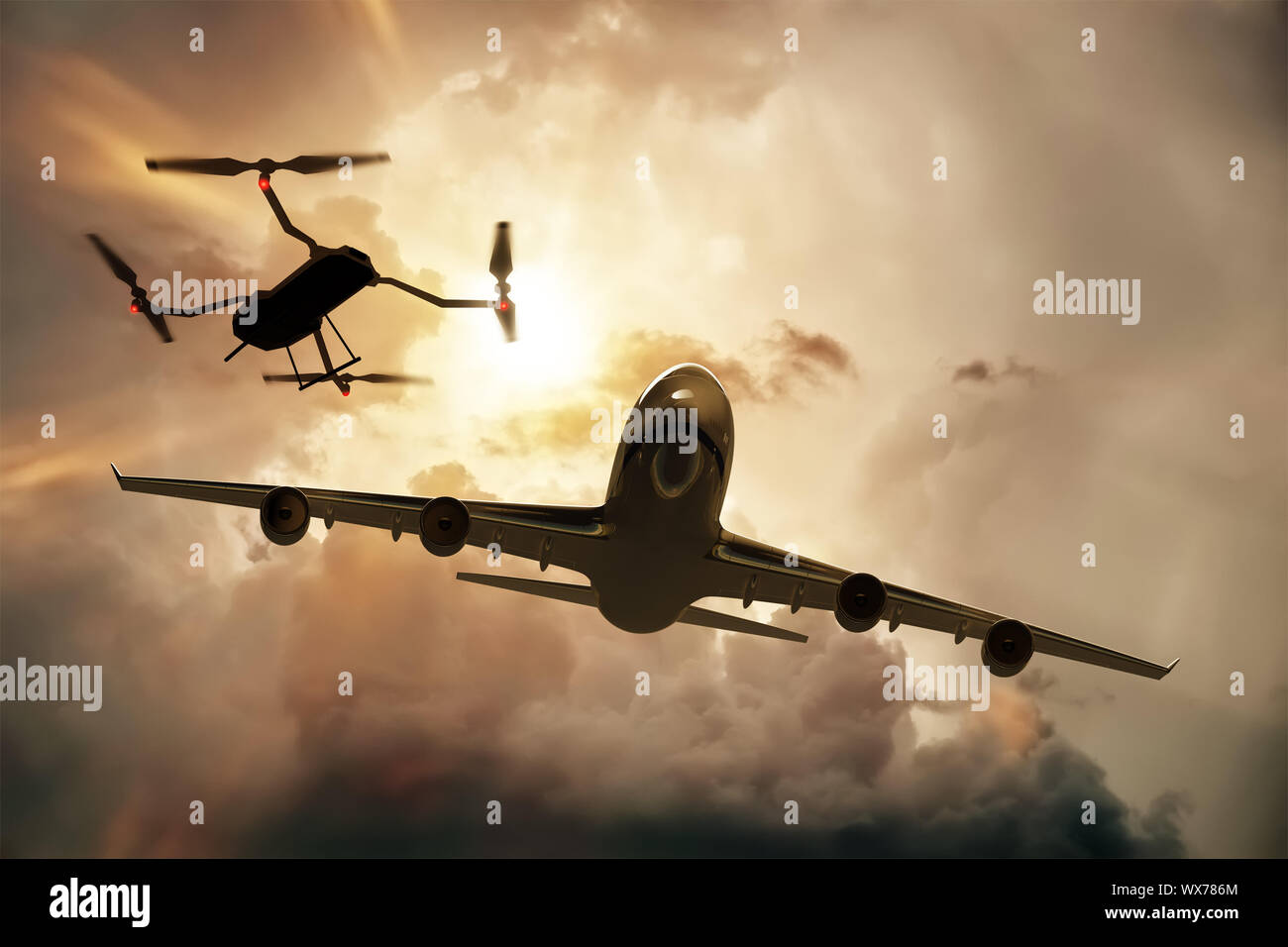 Drohne fliegen in der Nähe von kommerziellen Flugzeugs, Kollisionsgefahr Stockfoto