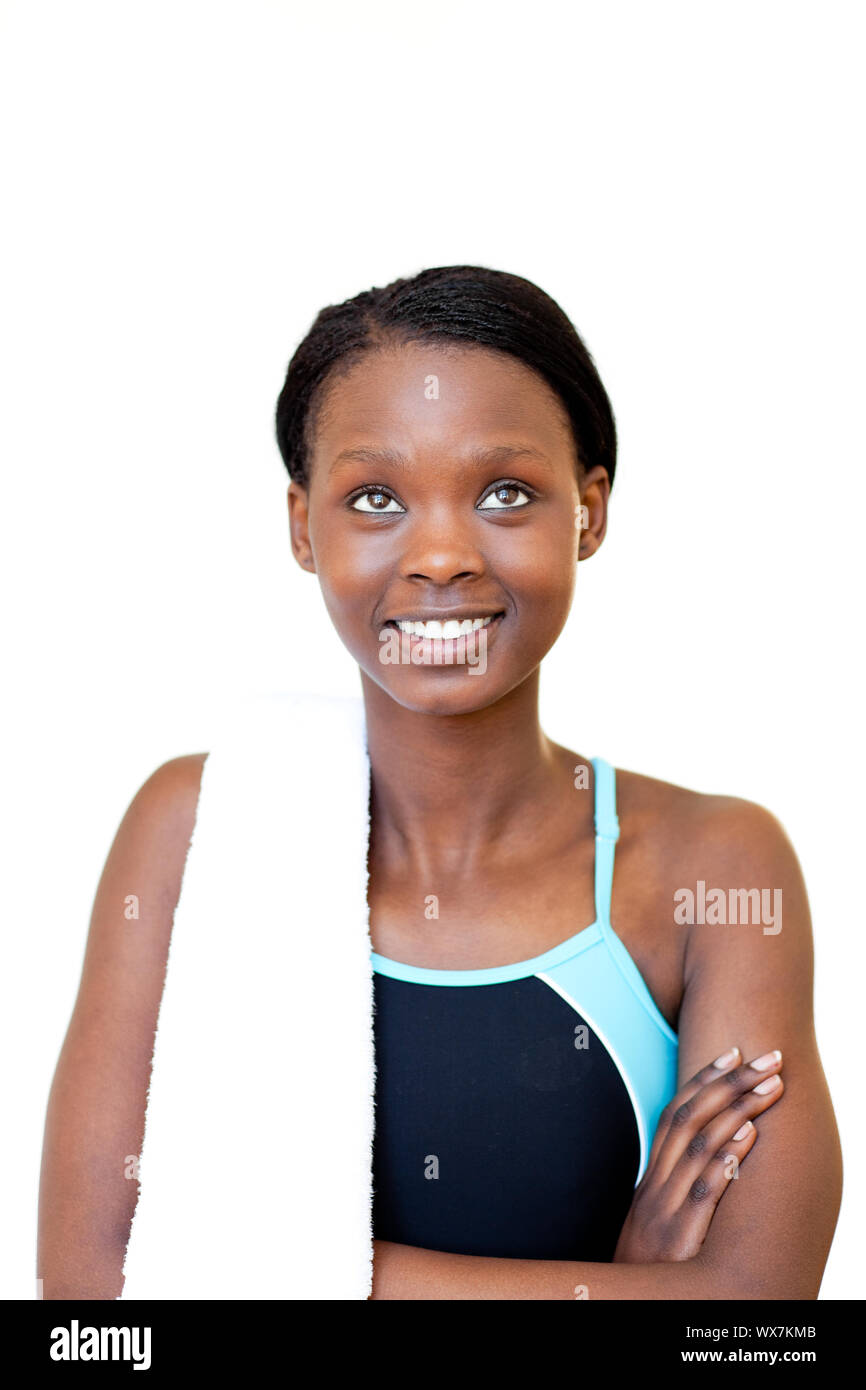 Porträt einer Jolly fitness Frau vor einem weißen Hintergrund Stockfoto