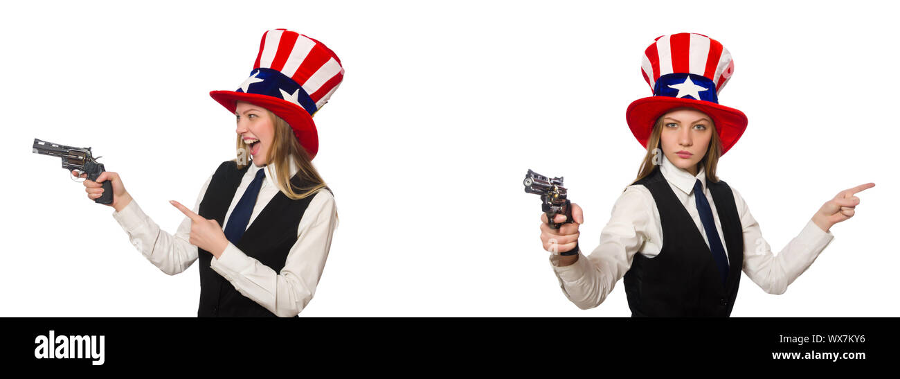 Collage mit Frau und amerikanischen hat Stockfoto