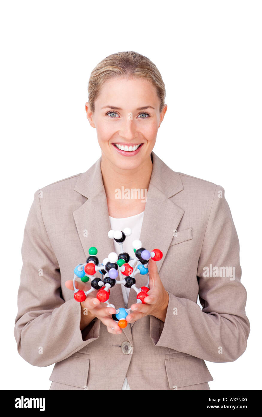 Lächelnd Geschäftsfrau Holding ein Molekül. Wissenschaft Konzept. Stockfoto