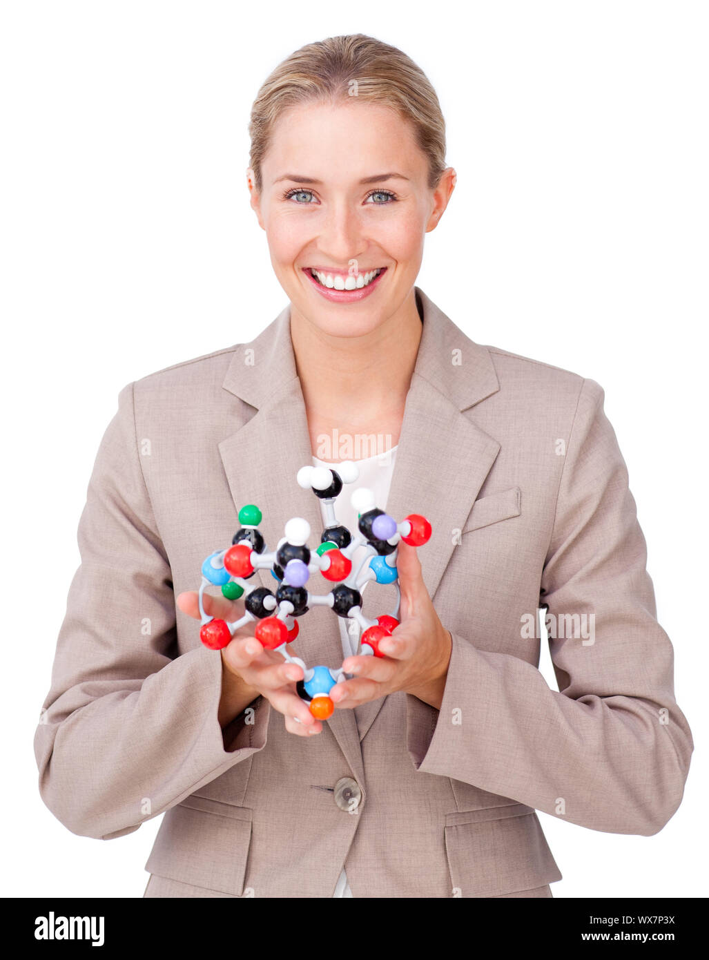 Junge Geschäftsfrau Holding ein Molekül auf weißem Hintergrund Stockfoto