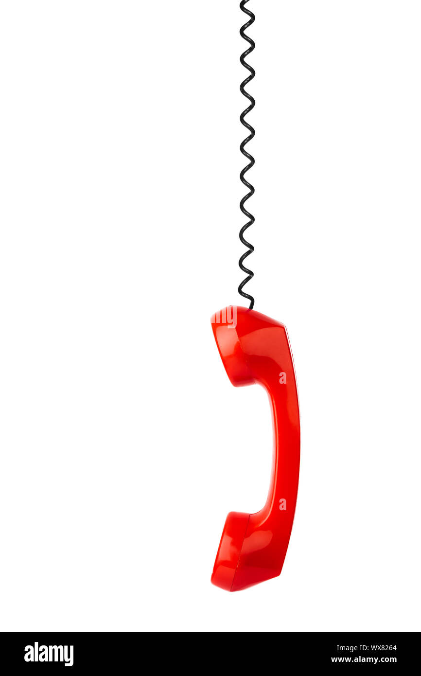 Rotes Telefon und Kabel Stockfoto