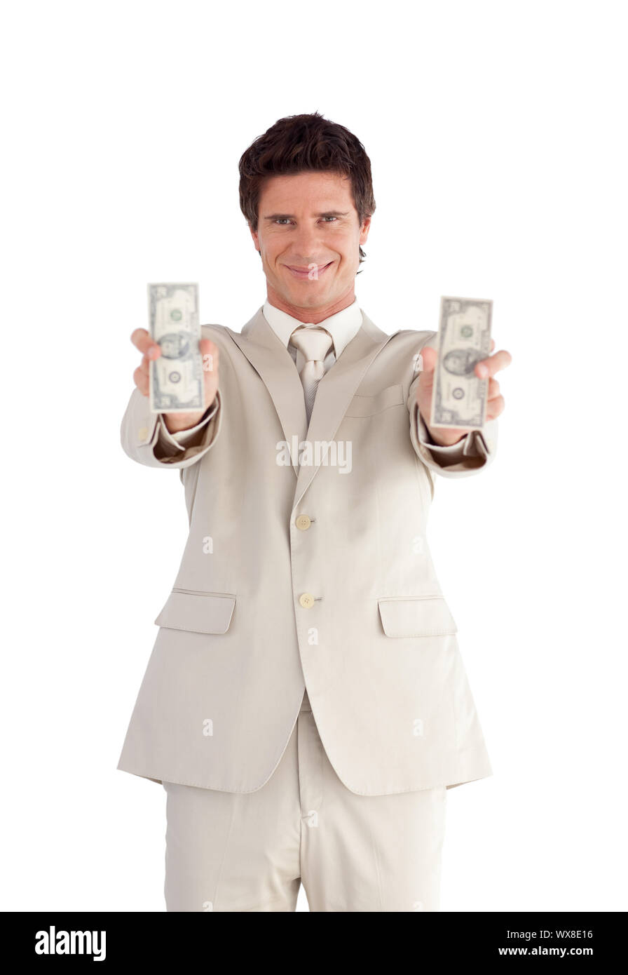 Strahlende Geschäftsmann mit Dollar Stockfoto