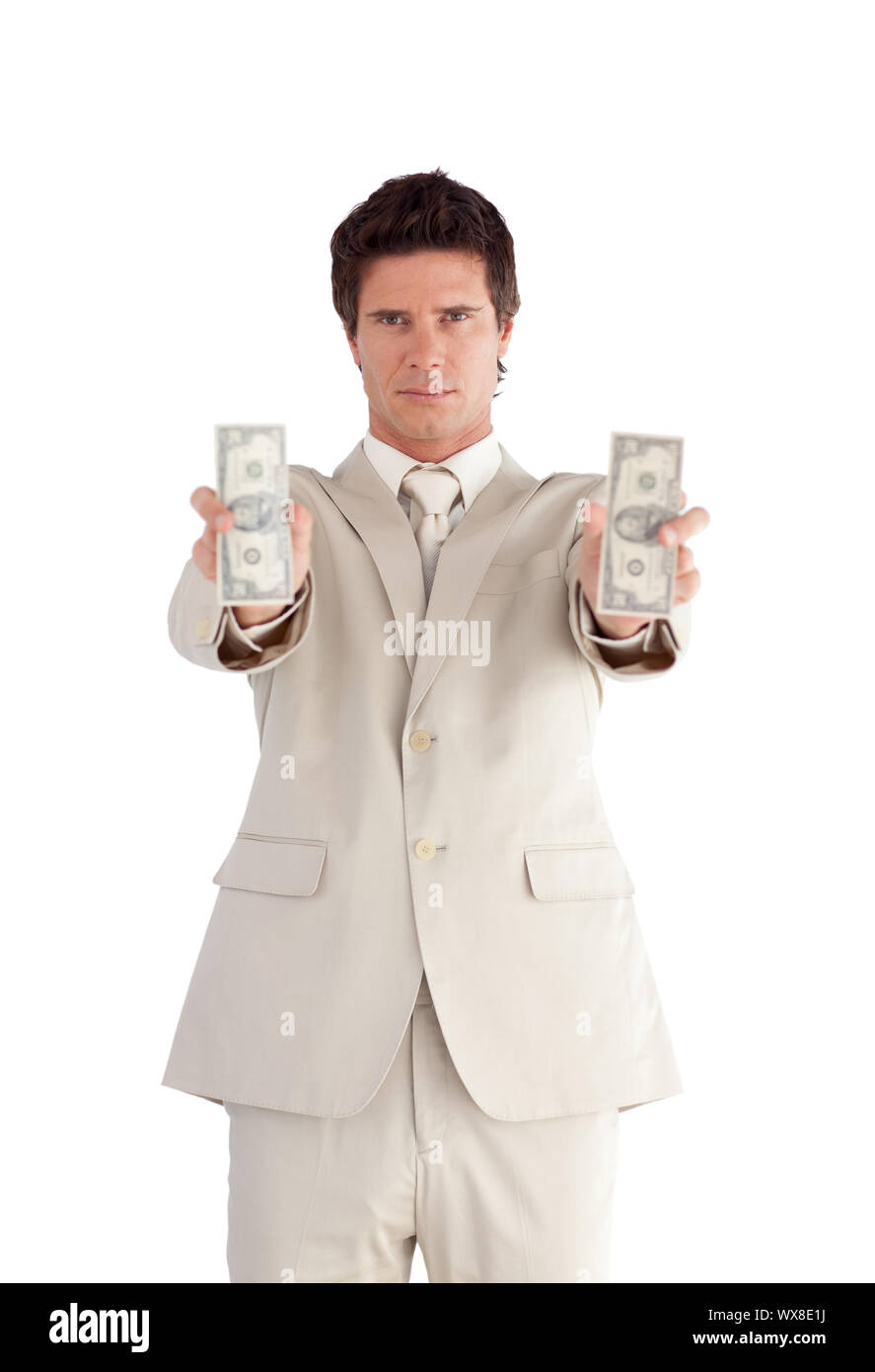 Freudige Geschäftsmann mit Dollar Stockfoto