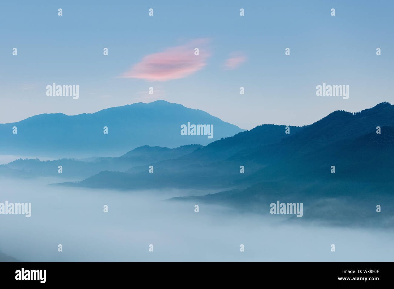 Misty Blue Mountains in der Morgendämmerung Stockfoto