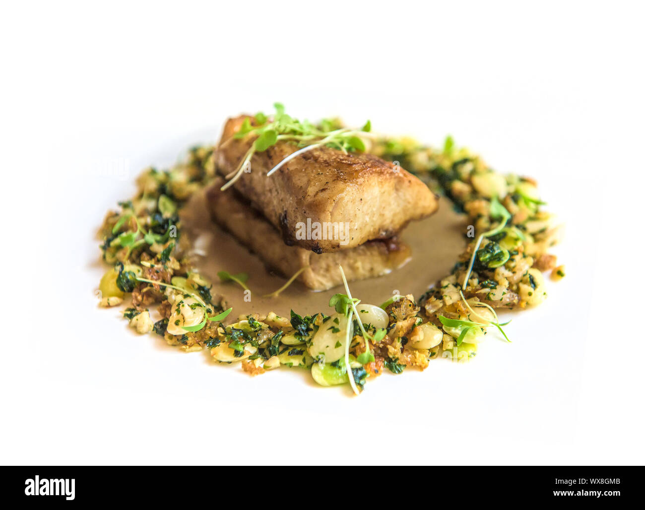 Lecker Fischgericht im Gourmet Restaurant Stockfoto