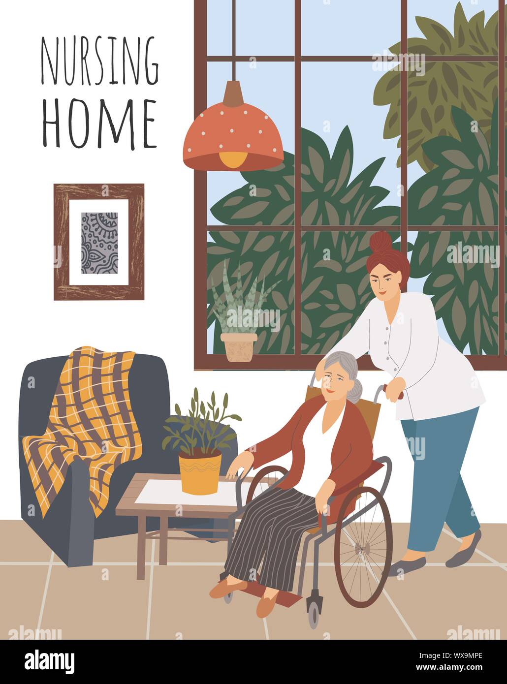 Pflegeheim. Eine Krankenschwester drückt einen Rollstuhl mit einem ältere behinderte Frau gegen eine innere Hintergrund mit Möbel, Blumen und ein Fenster Stock Vektor