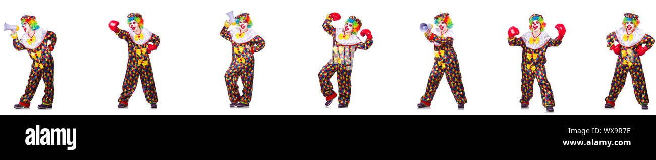 Lustig männlich Clown mit Boxhandschuhen und Lautsprecher Stockfoto