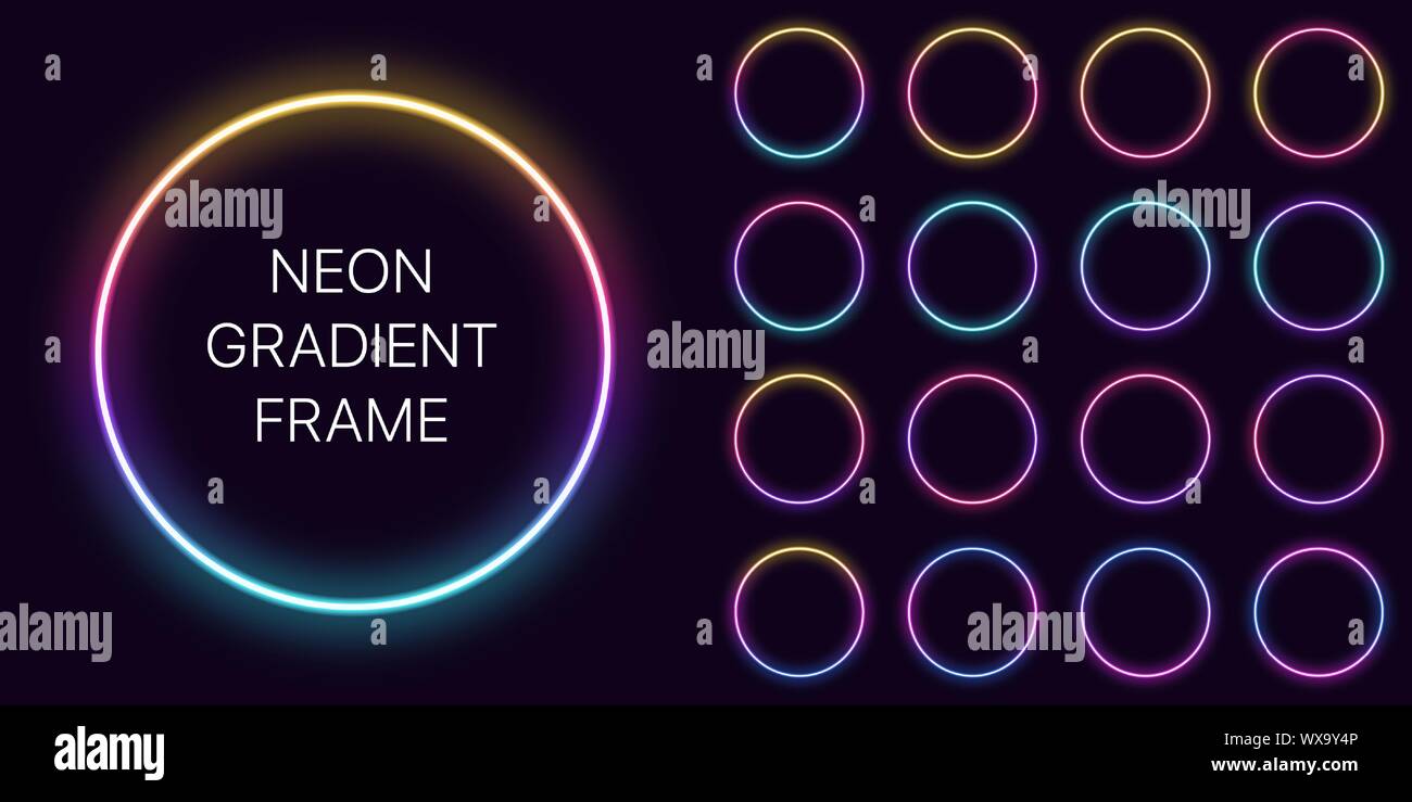 Neon Farbverlauf Kreis Rahmen mit kopieren. Vorlagen von Neon gradient runde Grenze. Ausdrucksvolle, kreative und futuristische grafisches Element, geometri Stock Vektor