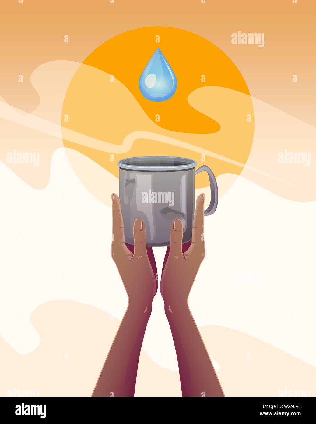Wasserknappheit. Hände mit einem leeren Becher, Durst nach Wasser in eine Dürre. Globale Ökologie Konzept, Flachbild Vector Illustration. Stock Vektor