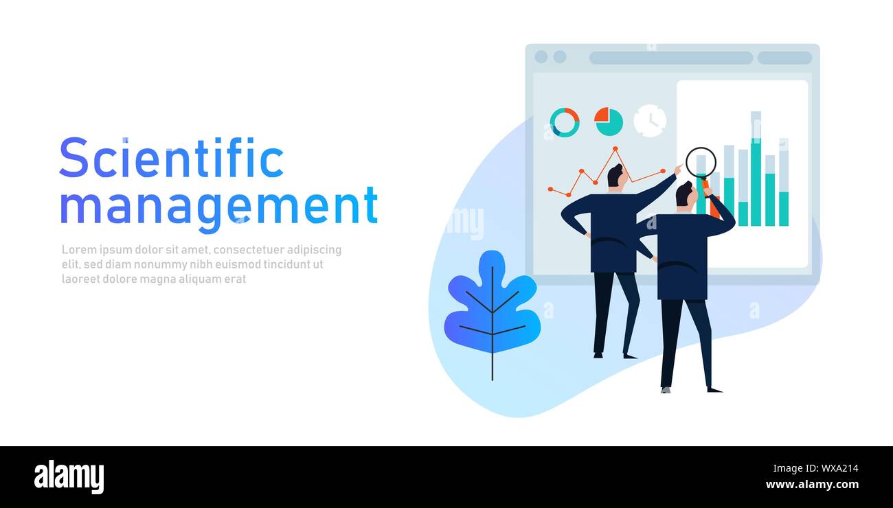 Die wissenschaftliche Leitung. Theorie der Verwaltung, die analysiert und synthetisiert Workflows. Sein Hauptziel ist die Verbesserung der wirtschaftlichen Effizienz, insbesondere Stock Vektor