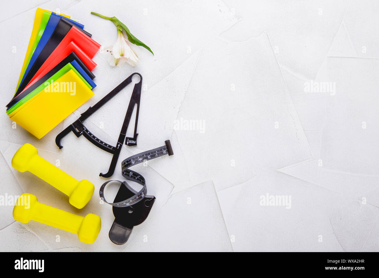 Gesunder Lebensstil, Fitnessraum und Training Konzept. Flach von Sport. Stockfoto