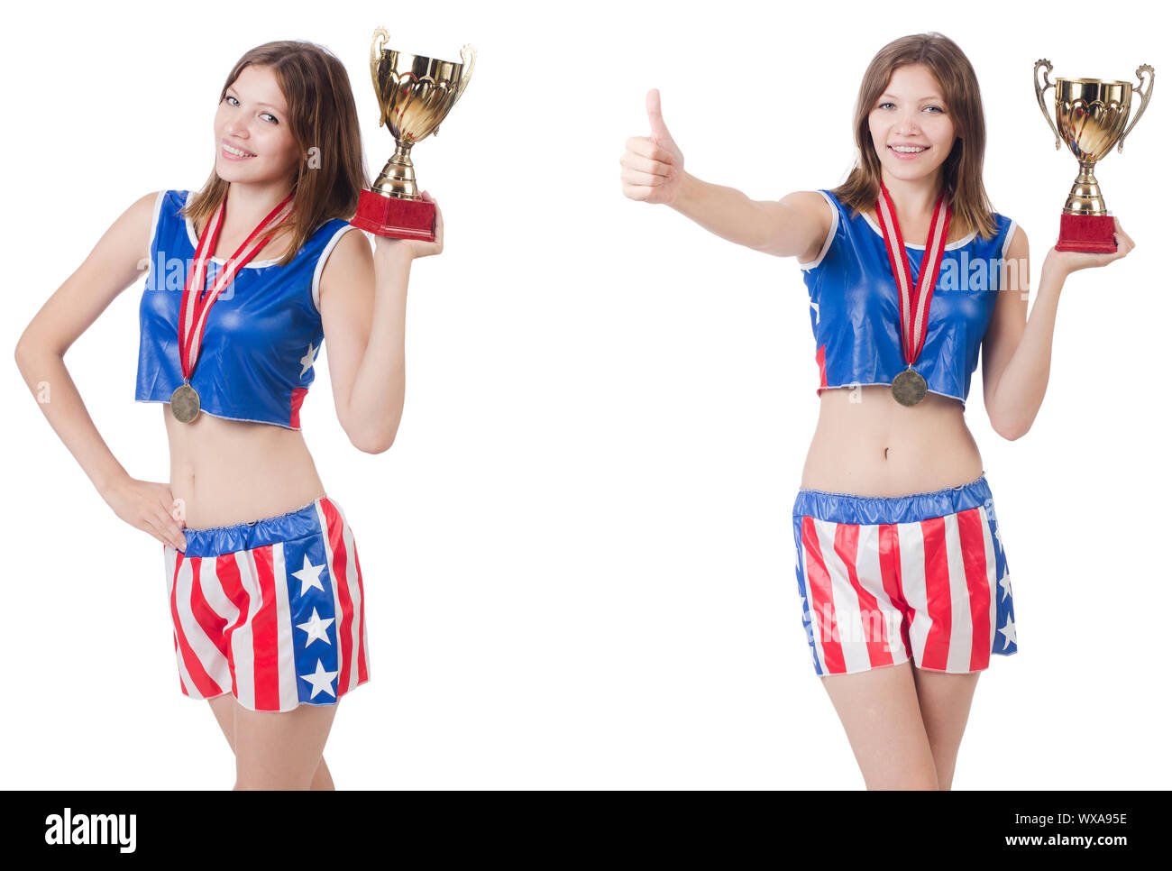 Junge weibliche Boxer mit Cup isoliert auf weißem Stockfoto