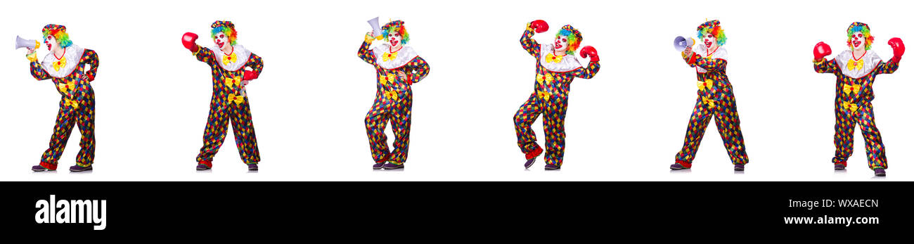Lustig männlich Clown mit Boxhandschuhen und Lautsprecher Stockfoto