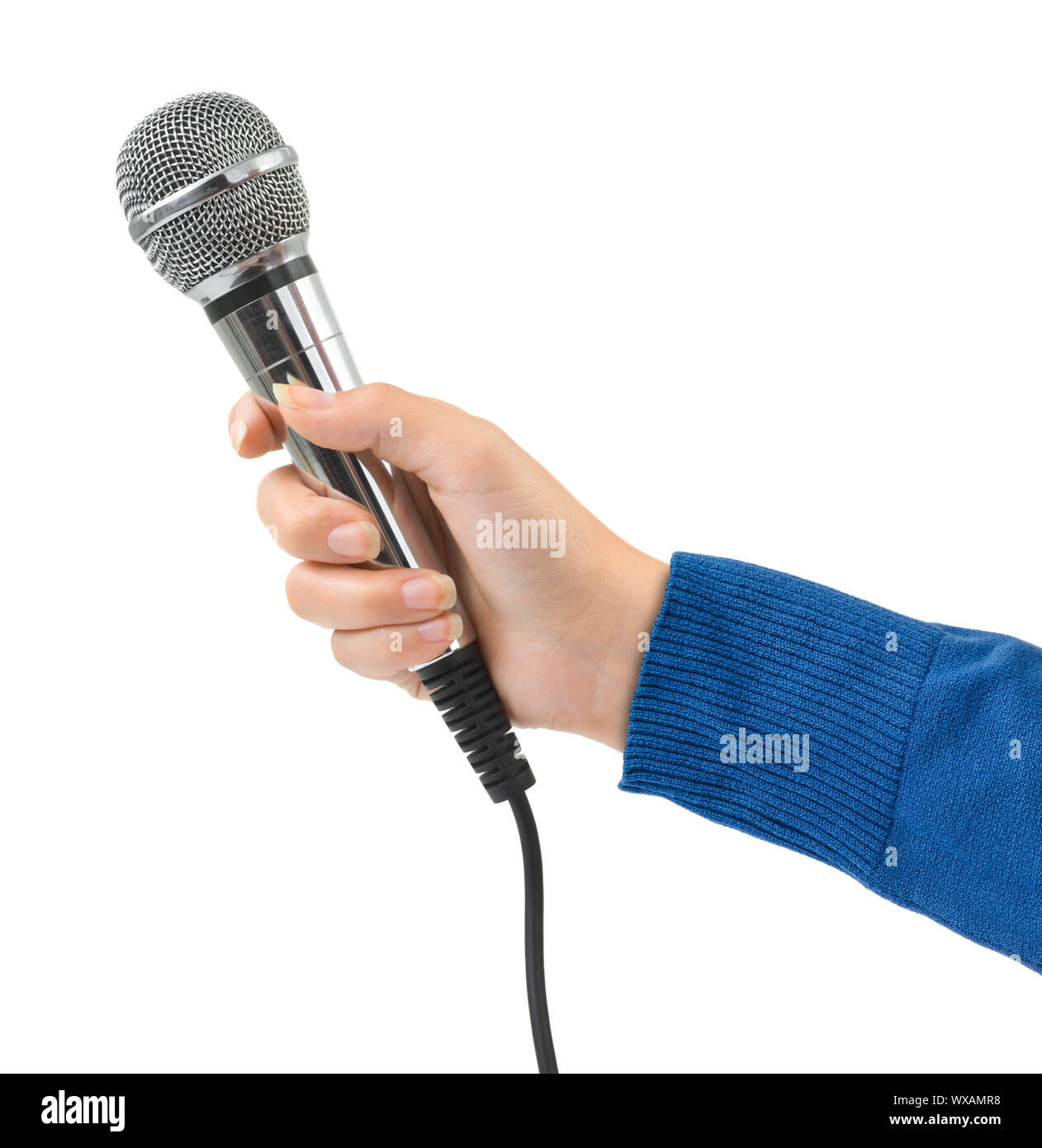 Hand mit Mikrofon Stockfoto