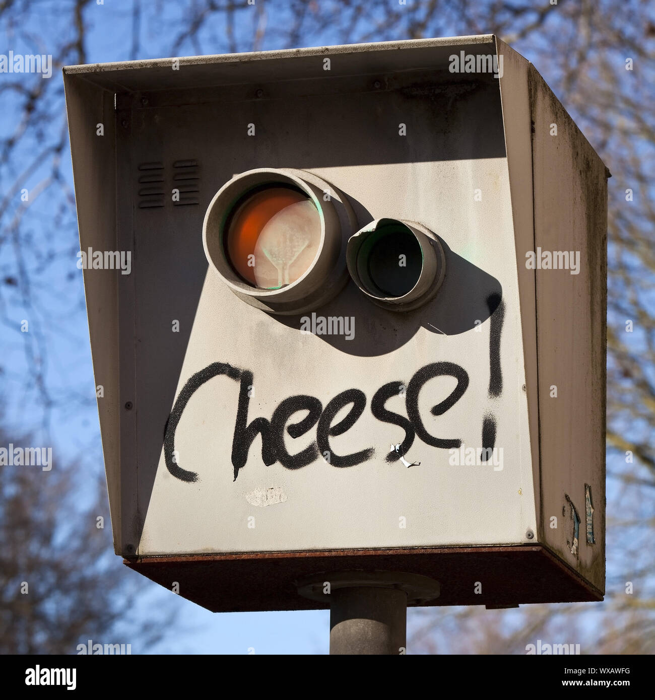 Speed Trap mit dem Schriftzug Käse!, Geschwindigkeit prüfen, Bochum, Ruhrgebiet, Deutschland, Europa Stockfoto