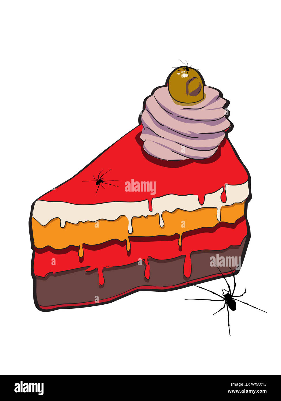 Hand gezeichnete Bild von einem Stück Kuchen mit Spinnen für Halloween Party, Doodle isoliert auf weißem Stockfoto