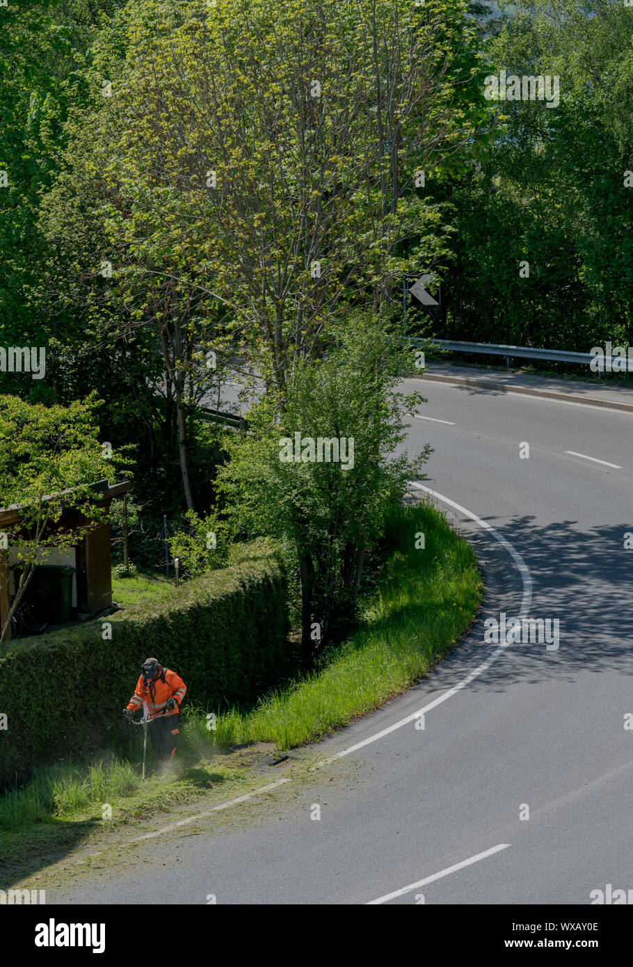 Stadt Wartung Arbeiter schneiden Unkraut auf der Straße Schulter mit einem STRIMMER Stockfoto