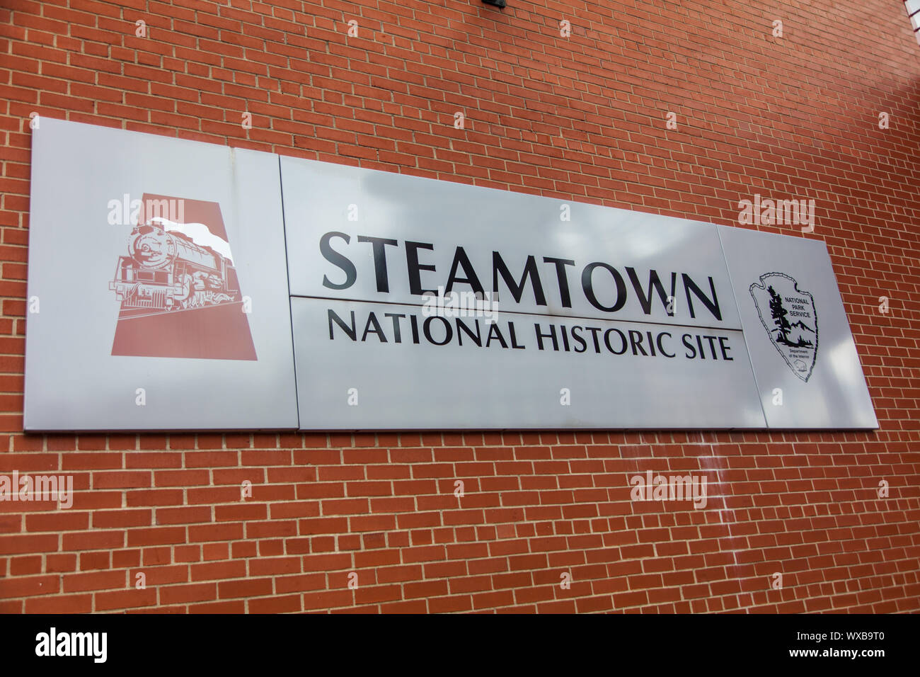 Unterschreiben Sie bei Steamtown National Historic Site in Scranton, PA, USA Stockfoto