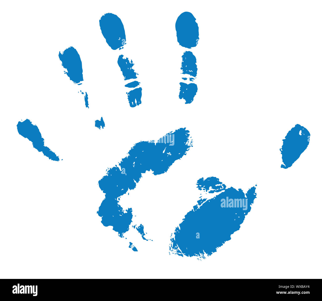 Blau menschliche Handabdruck auf Weiß Stockfoto