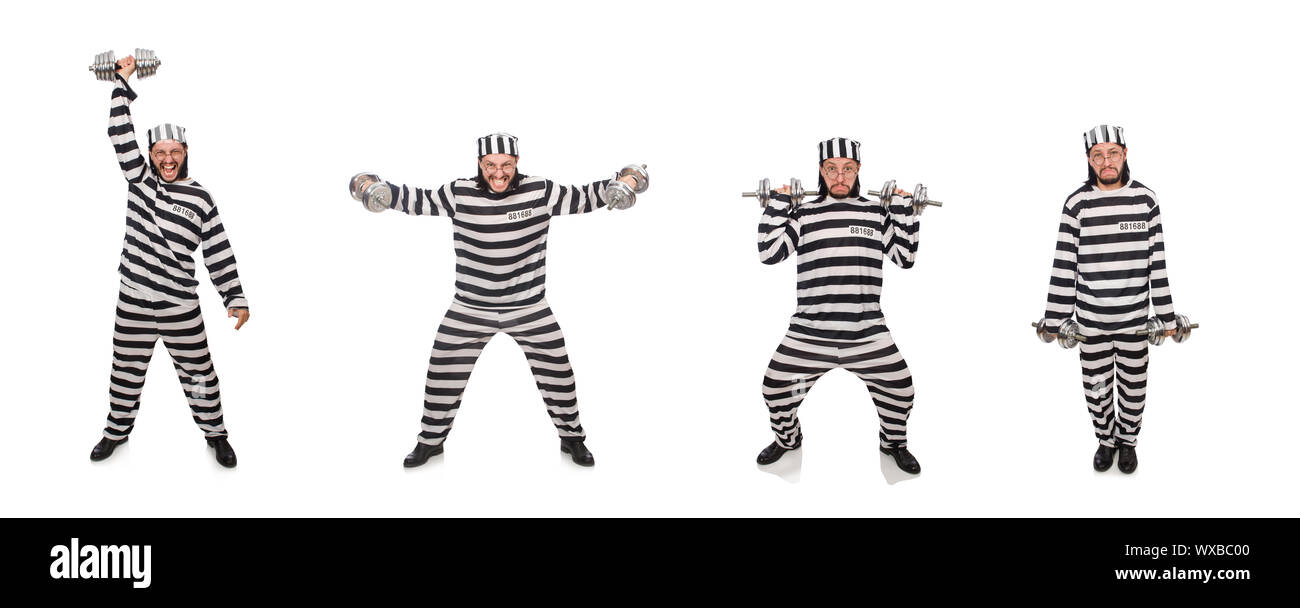Gefangene mit Hanteln isoliert auf weiss Stockfoto