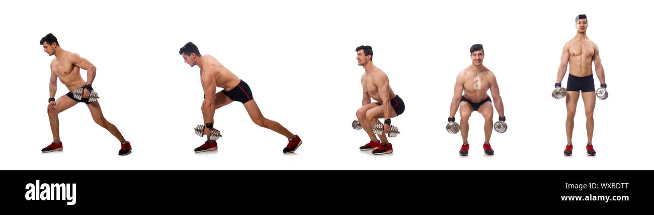 Muskulöser Mann auf dem weißen Hintergrund isoliert Stockfoto