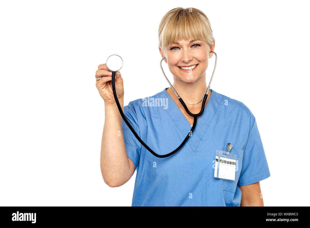 Bist du bereit für regelmäßige Check-up? Fröhliche Arzt ist bereit, zu prüfen. Stockfoto