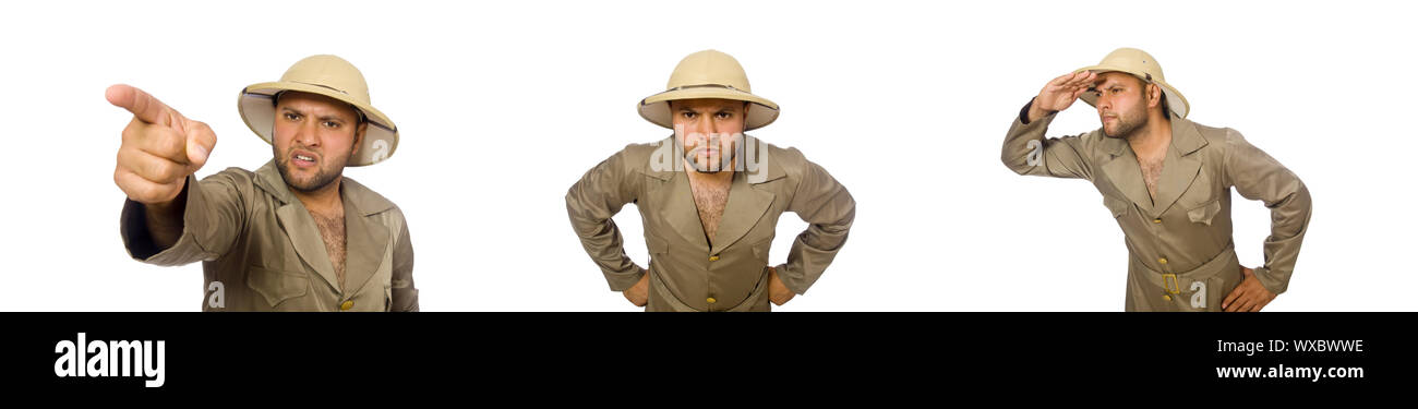 Mann mit Safari Hut isoliert auf weiss Stockfoto