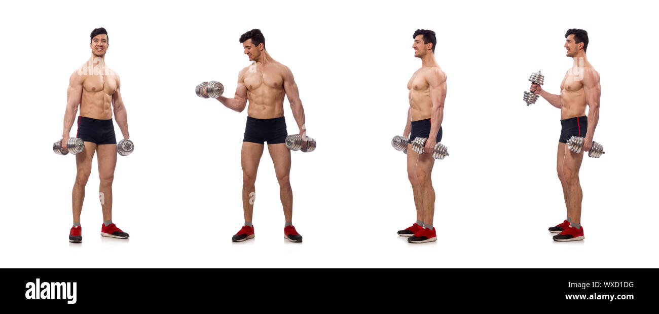 Muskulöser Mann auf dem weißen Hintergrund isoliert Stockfoto
