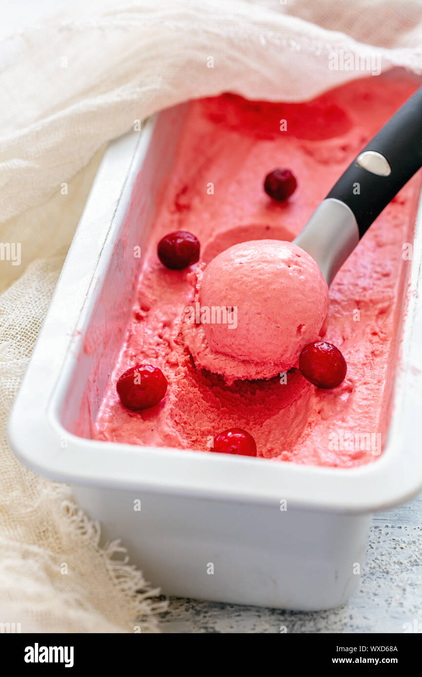 Hausgemachte cranberry Eis und Eis Löffel. Stockfoto