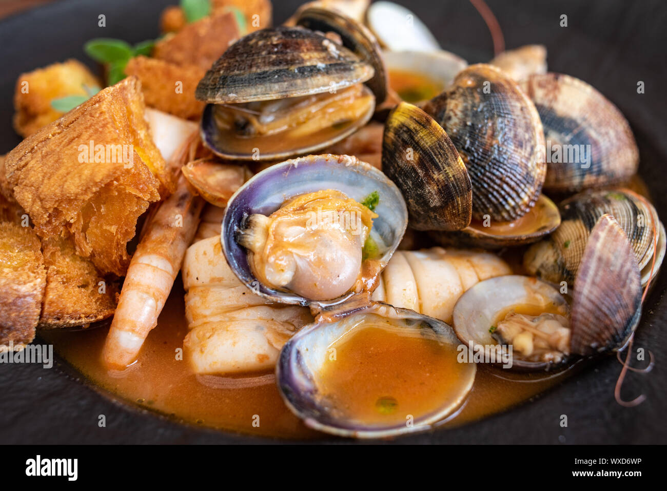 Fischsuppe, typische Meeresfrüchte Gerichte der italienischen Küche. Stockfoto