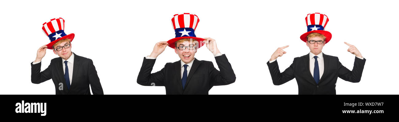 Geschäftsmann mit amerikanischen Hut isoliert auf weiss Stockfoto