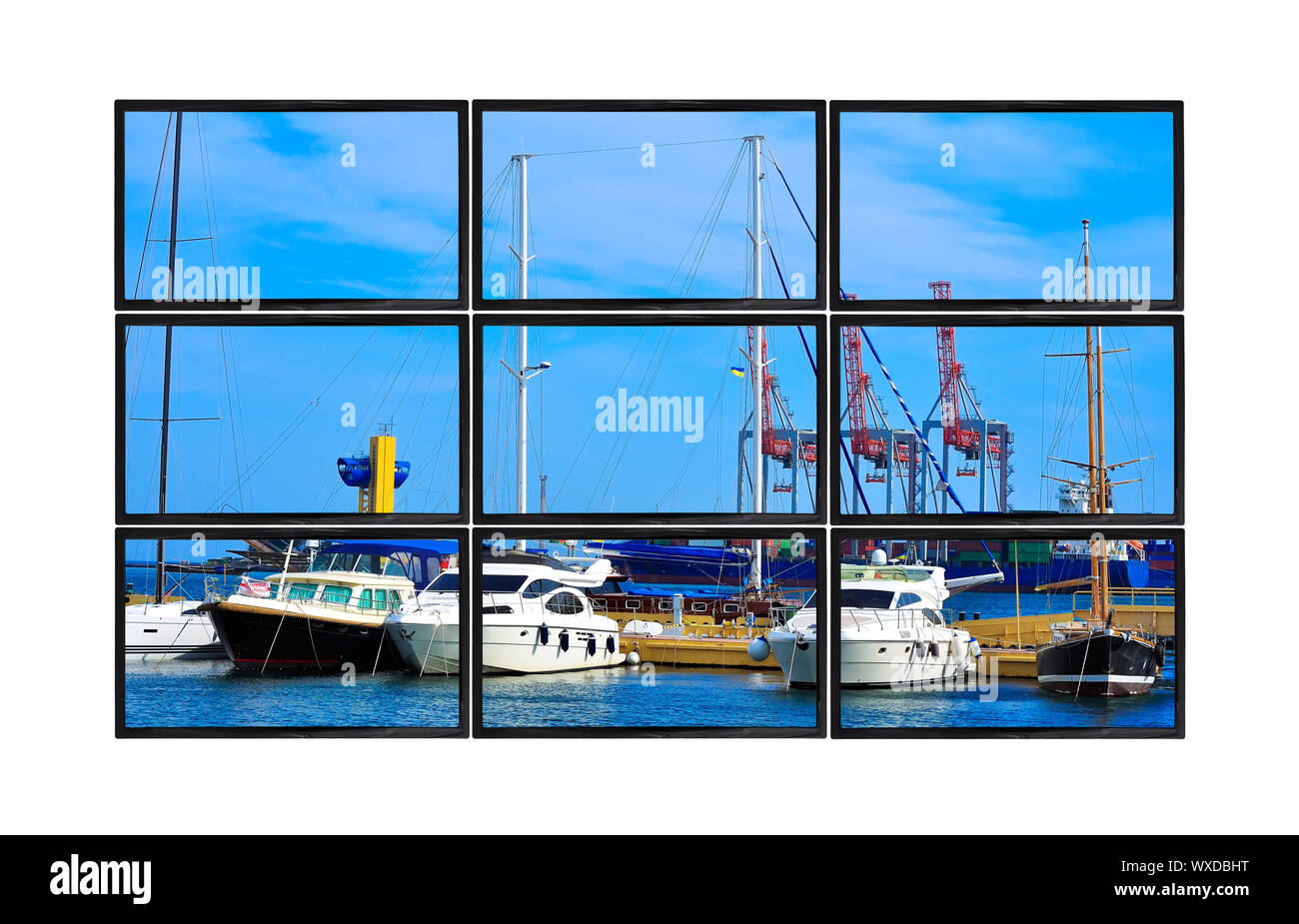 blaue flat Panels mit Yachten im Hafen Stockfoto
