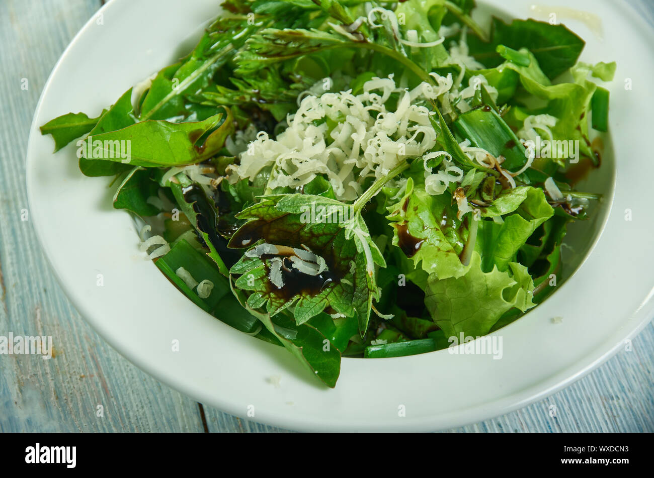 Frühjahr Salat mit Kräutern, Löwenzahn, Brennnessel Stockfoto