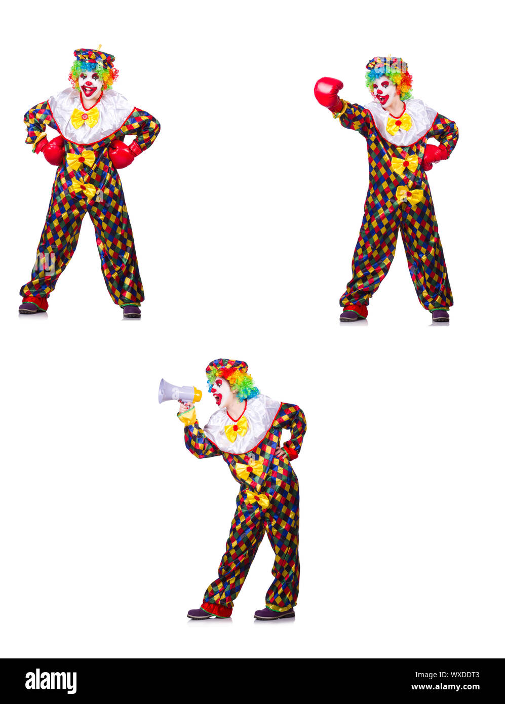 Lustig männlich Clown mit Boxhandschuhen und Lautsprecher Stockfoto