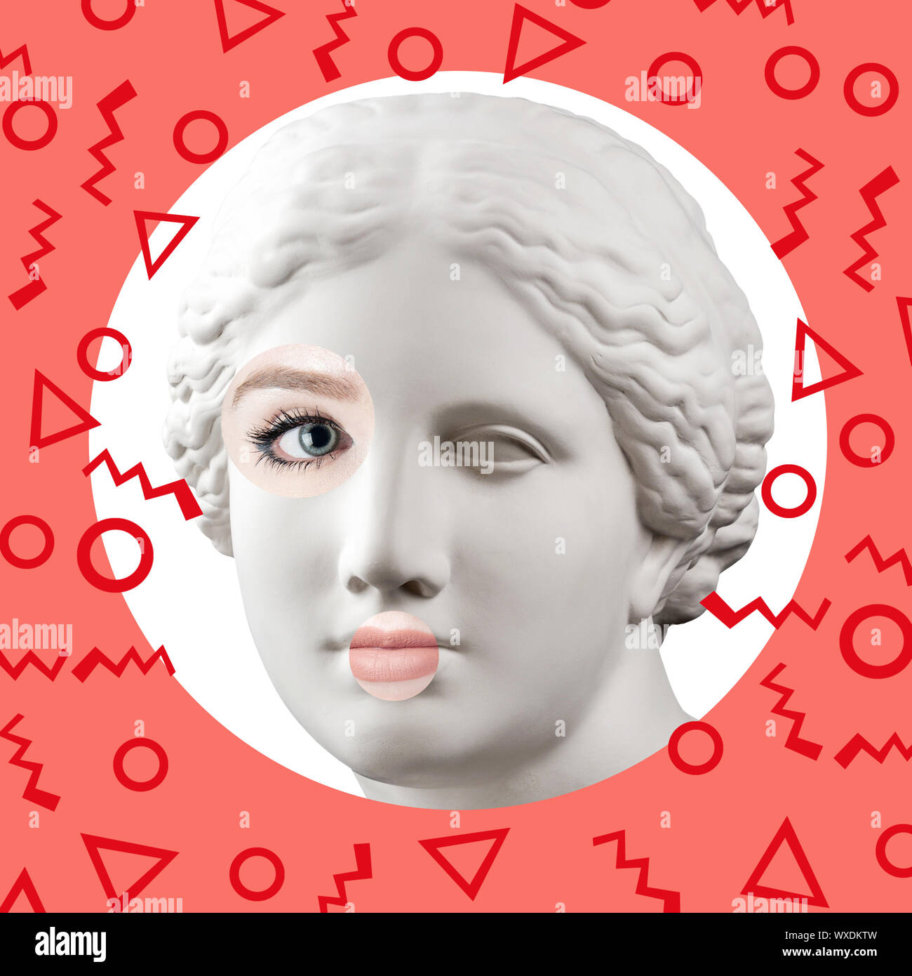 Zeitgenössische Kunst Poster mit antiken Statue der Venus Kopf und das Gesicht einer lebenden Frau. Stockfoto