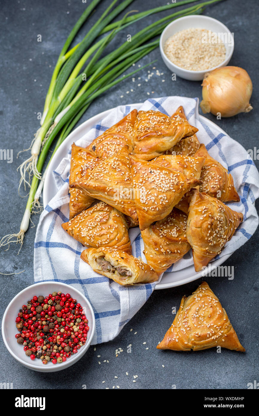 Kleine Pasteten mit Fleisch samosa - orientalische Küche. Stockfoto
