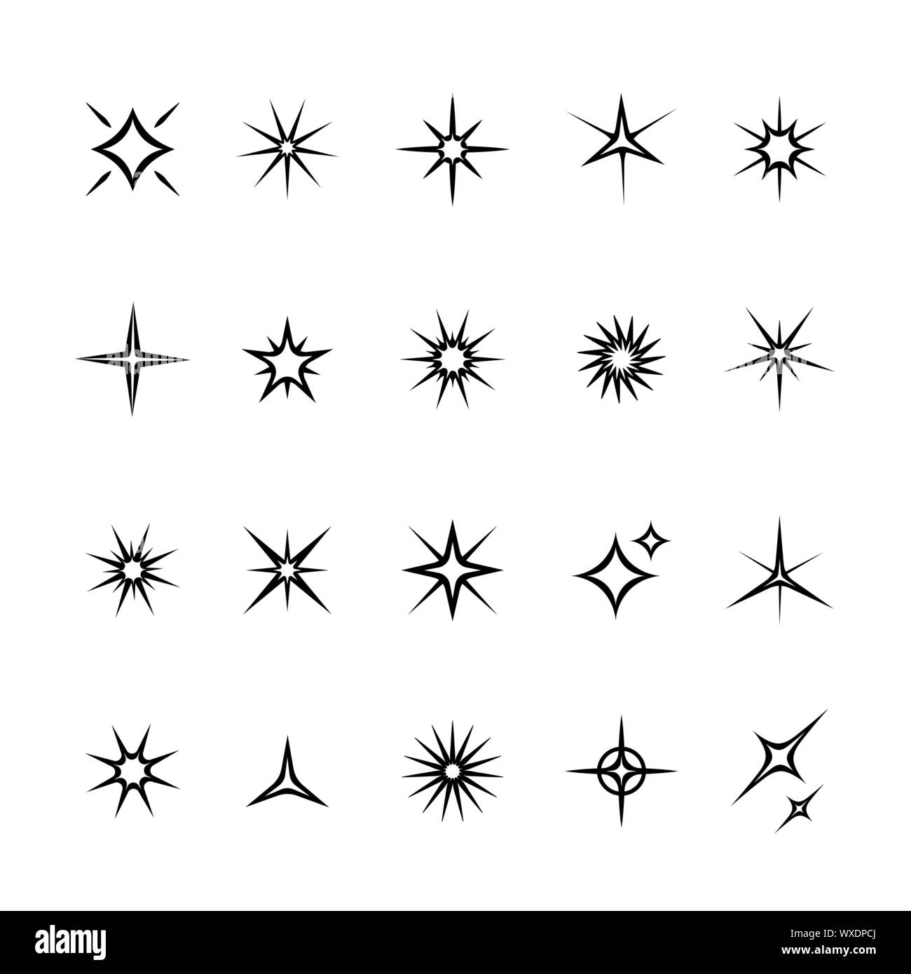 Satz Stern Tattoos Symbole. Sammlung von hellen Feuerwerk, Twinkles, glänzend blinken. Leuchtende Lichteffekt Sterne und platzt. Stock Vektor