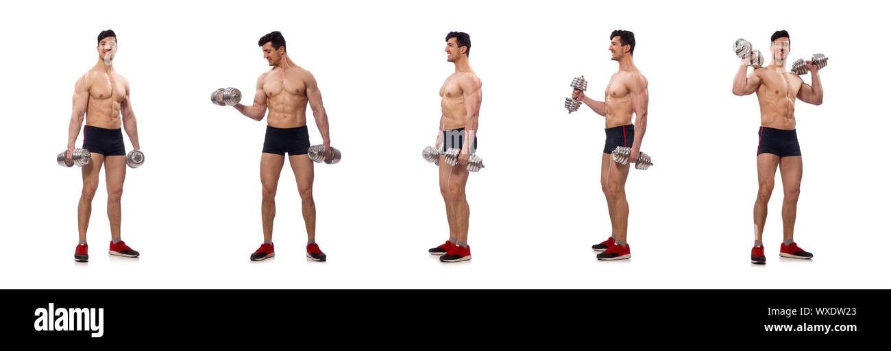 Muskulöser Mann auf dem weißen Hintergrund isoliert Stockfoto