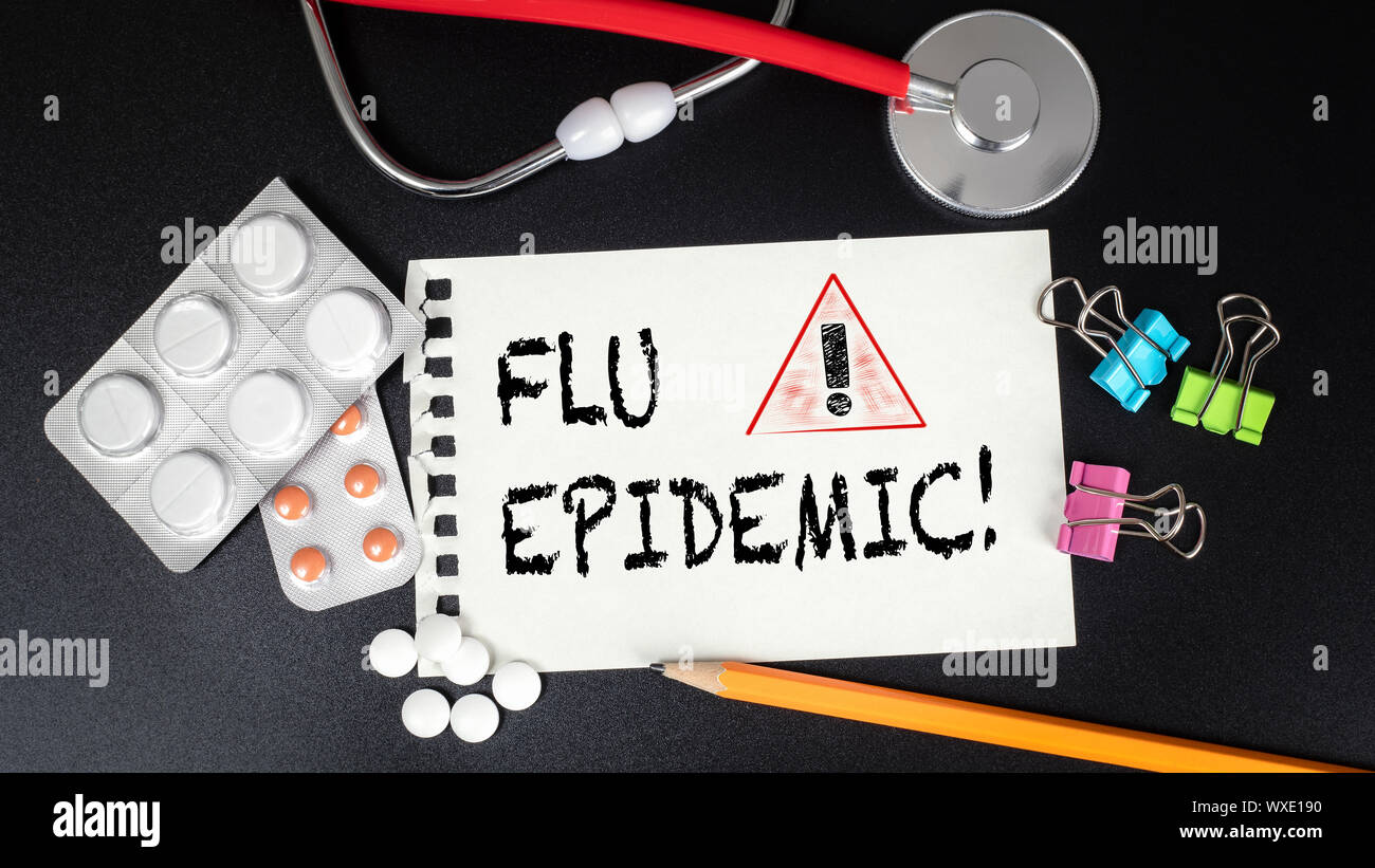 Grippeepidemie. Medikamente, Rote Grütze, Schreibwaren und Bürobedarf Stockfoto