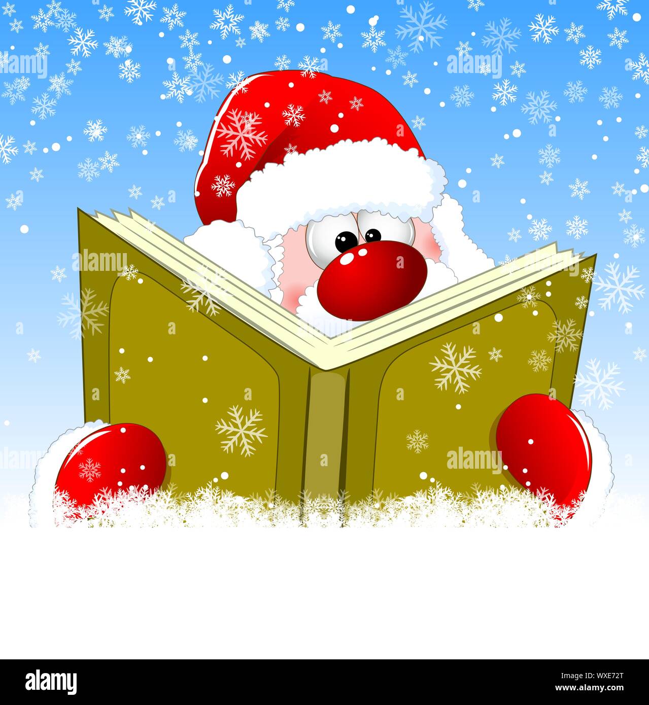 Santa ist ein Buch lesen am Heiligabend. Winter Hintergrund mit Schneeflocken. Winter lesen Santa Claus. Stock Vektor
