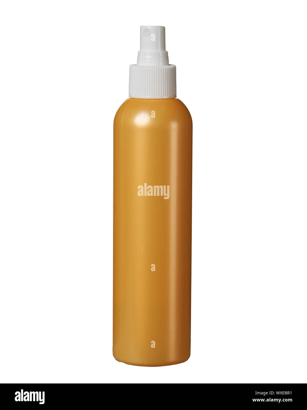 Flasche KUNSTSTOFF ORANGE SPRAY AUF EINE ISOLIERTE Oberfläche. Stockfoto