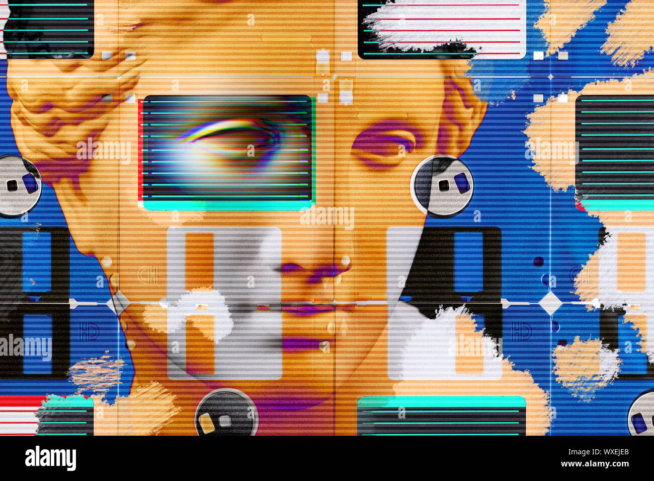 Moderne konzeptuelle Kunst Poster mit Gesicht antike Statue und Floppy Disk. Collage aus zeitgenössischen Kunst. Stockfoto
