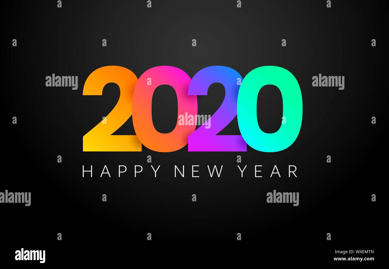 Frohes Neues Jahr Farbe Banner. 2020 Plakat. Frohe Weihnachten minimale Zusammensetzung auf dunklem Hintergrund. Bunte Grußkarte mit Gradienten. Feier b Stock Vektor