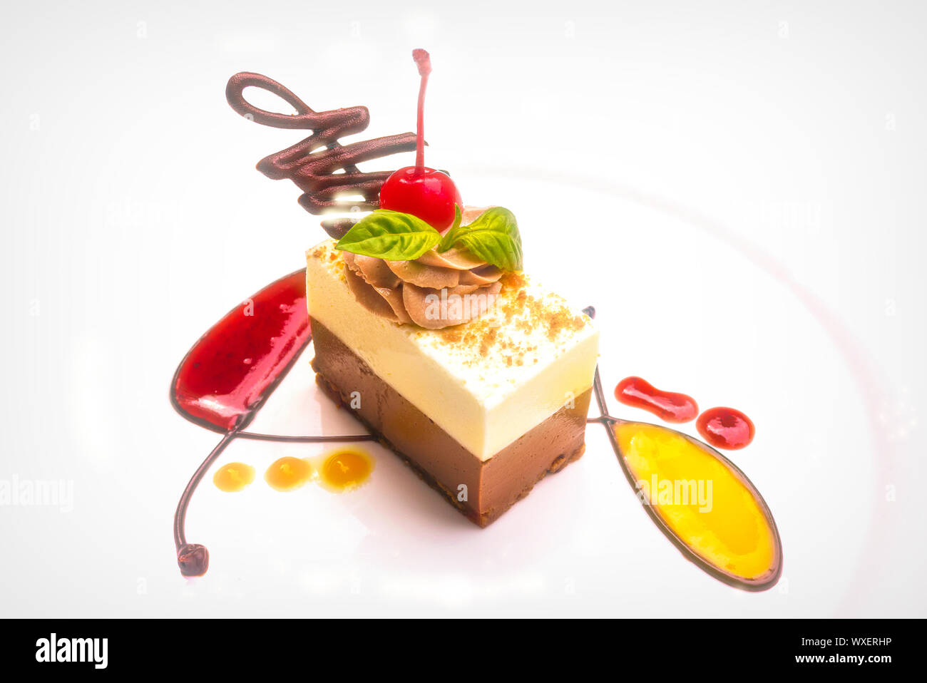Eine bunte Dessert auf einem high key weiße Platte Hintergrund. Elegante weiße und dunkle Schokolade Torte mit frischem Obst Coulis in einer künstlerischen Darstellung. Stockfoto