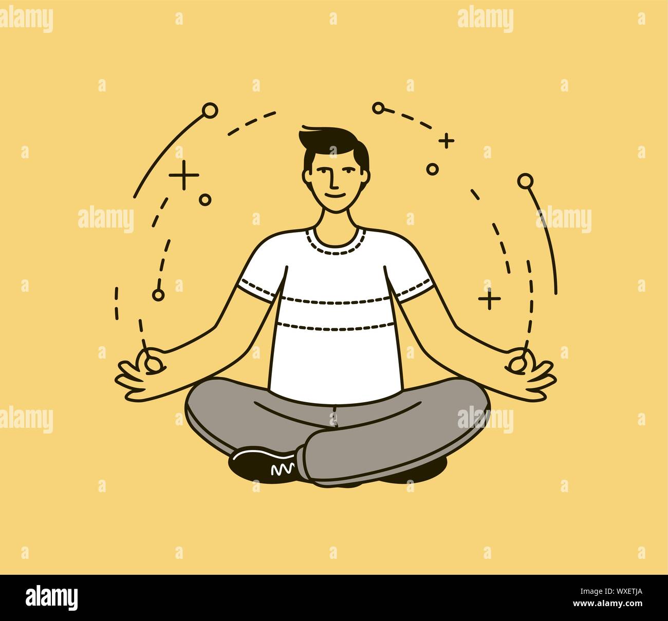 Mann, der Yoga macht. Meditation, entspannen Sie sich im linearen Stil. Vektorgrafik Stock Vektor