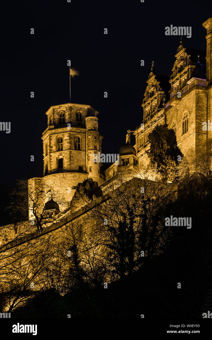 Alte Heidelberger Schloss auf einem Hügel bei Nacht Stockfoto