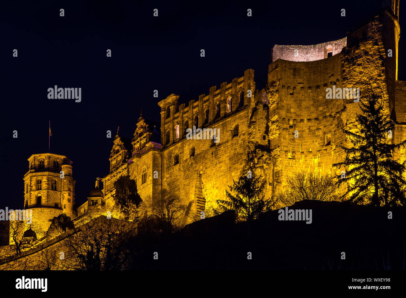 Alte Heidelberger Schloss auf einem Hügel bei Nacht Stockfoto